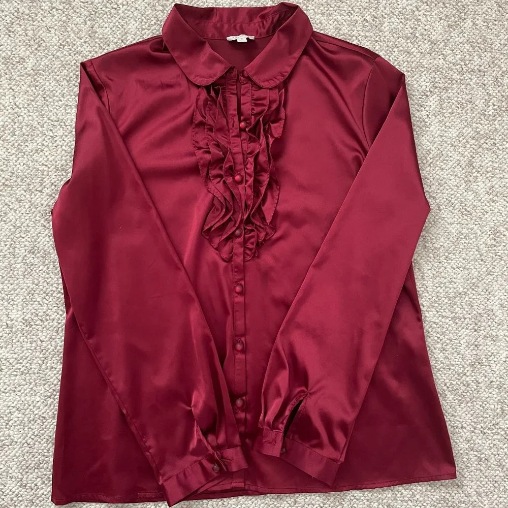 Talbots Ruffle Red Blouse Size MP - Picture 4 of 9